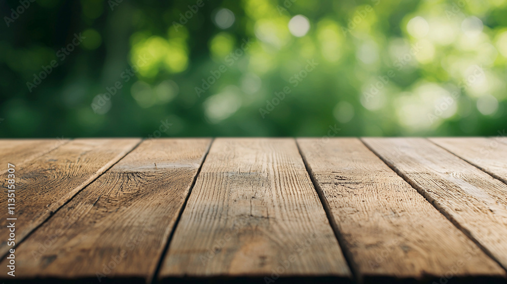Wooden table with blurred green bokeh background, perfect for product display or outdoor scenes. Wooden table with blurred green bokeh background, perfect for product display or outdoor scenes.
