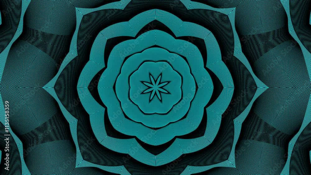 Mandala ou kaléidoscope Motif floral concentrique de couleur sarcelle avec lignes. Ce motif polyvalent convient aux arrière-plans, aux textiles, à la papeterie et aux projets graphiques numériques.