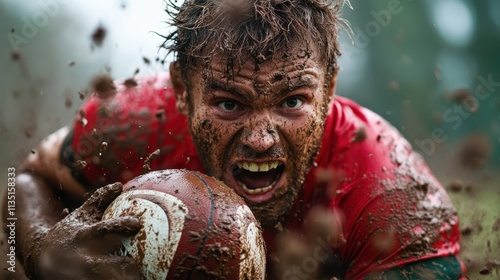 A fierce rugby player, face and body covered in mud, clutches the rugby ball as he advances viscerally through the challenging, dynamic muddy field, exuding determination. photo