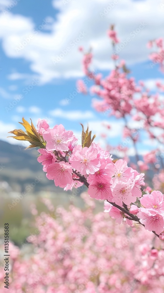 A close-up of pink cherry blossoms against a blue sky and soft clouds. A close-up of pink cherry blossoms against a blue sky and soft clouds.