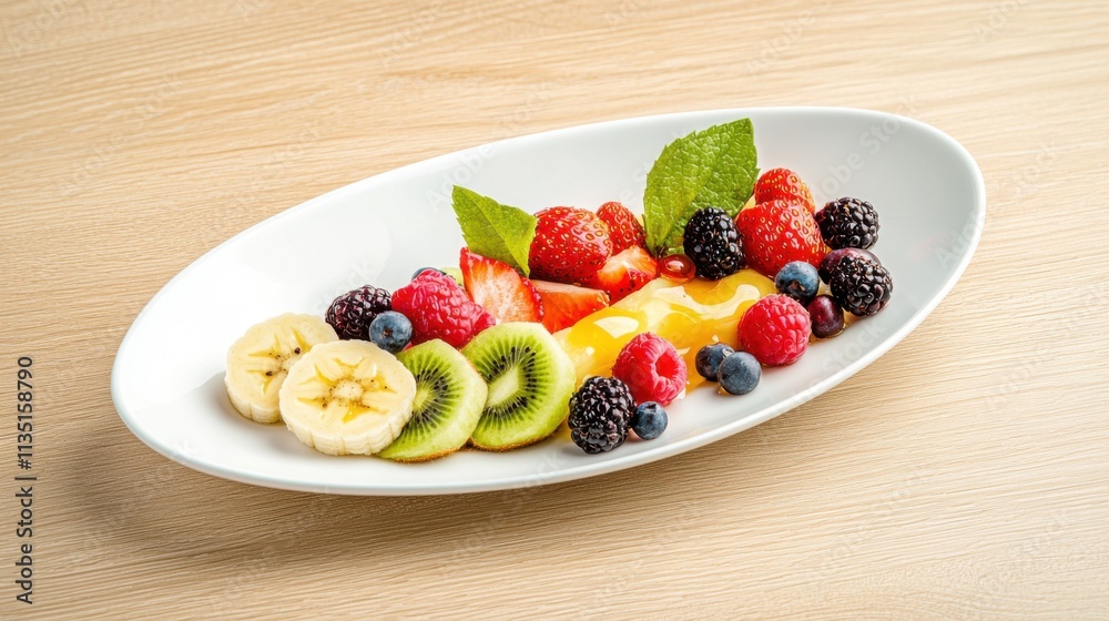 A vibrant platter of assorted fresh fruits, including berries, banana, kiwi, and mango, elegantly arranged on a long white dish. A vibrant platter of assorted fresh fruits, including berries, banana, kiwi, and mango, elegantly arranged on a long white dish.
