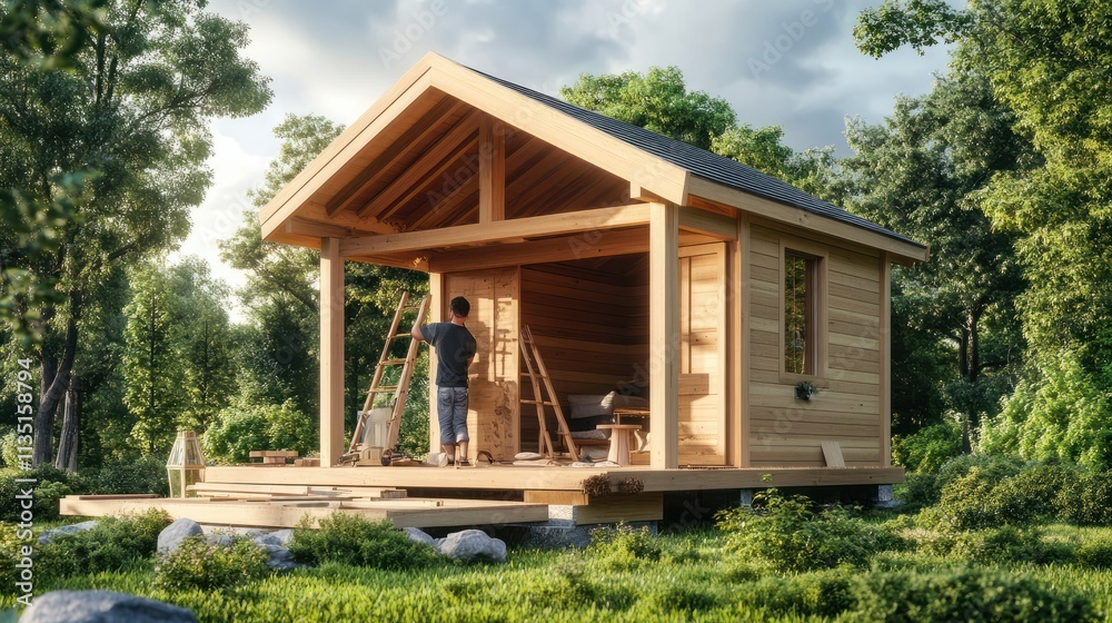 Portrait Of Male Carpenter Building Outdoor Summerhouse In Garden