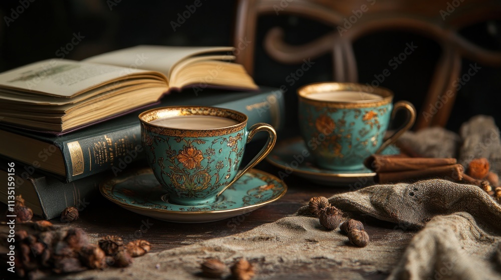 Two ornate teacups rest on books near spices Two ornate teacups rest on books near spices