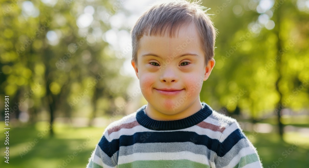 Joyful young boy outdoors in a park setting Joyful young boy outdoors in a park setting