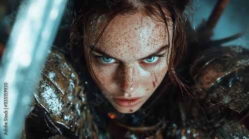 An intense image of a warrior woman in rusty armor displaying fierce determination and valor, with piercing eyes that reflect strength and resolve amid chaos. photo