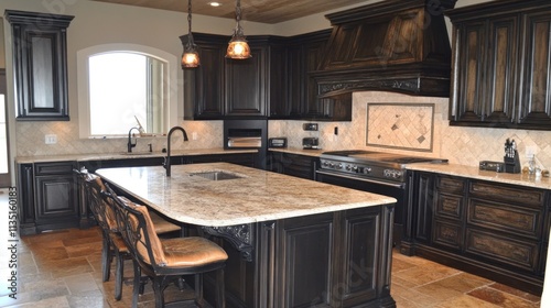 Elegant Dark Wood Kitchen Island and Cabinets photo