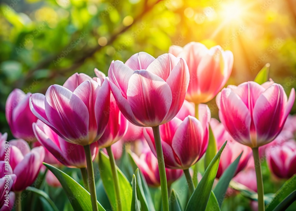 Fototapeta premium Striped Pink Tulips Bathed in Golden Light in a Lush Summer Garden, Capturing the Essence of Nature’s Beauty in a Low Light Photography Setting