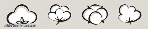 Set of cotton abstract silhouettes carelessly drawn by hand with black outline. Flat doodle style. Vector illustration.