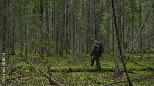 A man in foresters clothing with a backpack on his shoulders is walking in a moss-covered forest with his small dog. Hiking in the forest with a dog. Side view.