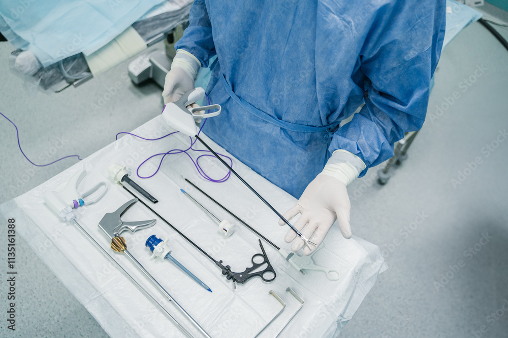 A skilled medical professional precisely prepares essential surgical instruments in a controlled operating room setting,