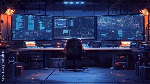 Dark futuristic control room with monitors displaying data.