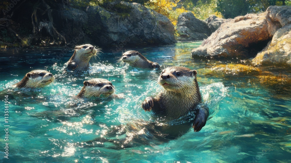 Fototapeta premium Energetic otters swimming in clear river under bright sun
