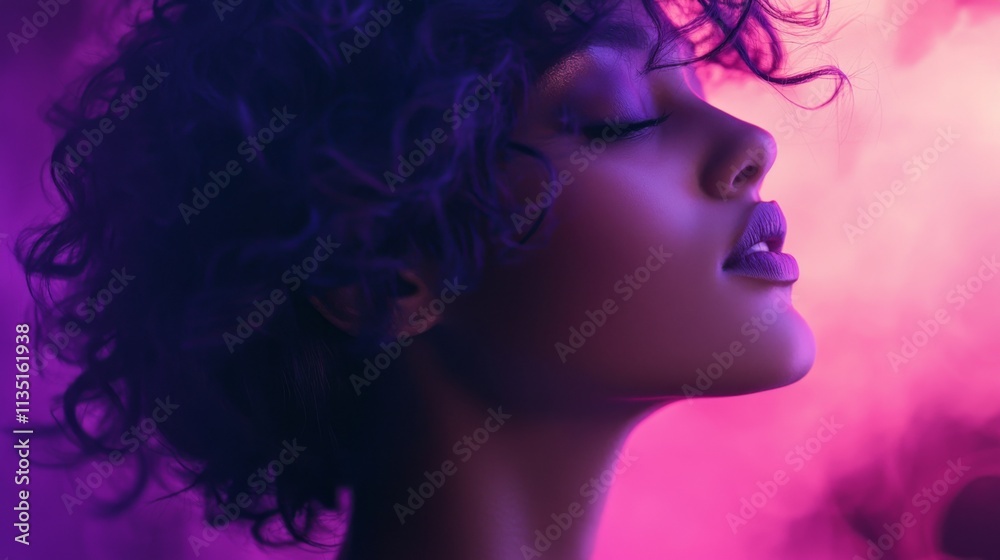 Close-up portrait of a woman with curly hair, bathed in dramatic purple and pink lighting. Mysterious and sensual mood. Close-up portrait of a woman with curly hair, bathed in dramatic purple and pink lighting. Mysterious and sensual mood.