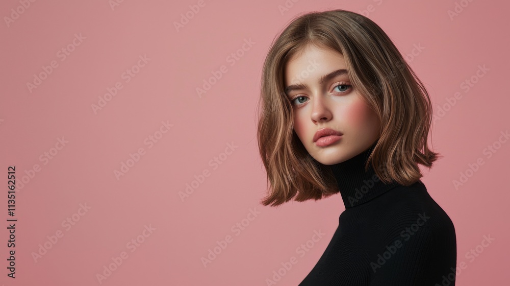 Fototapeta premium Stunning Woman in Black Turtleneck, Closeup Fashion Portrait