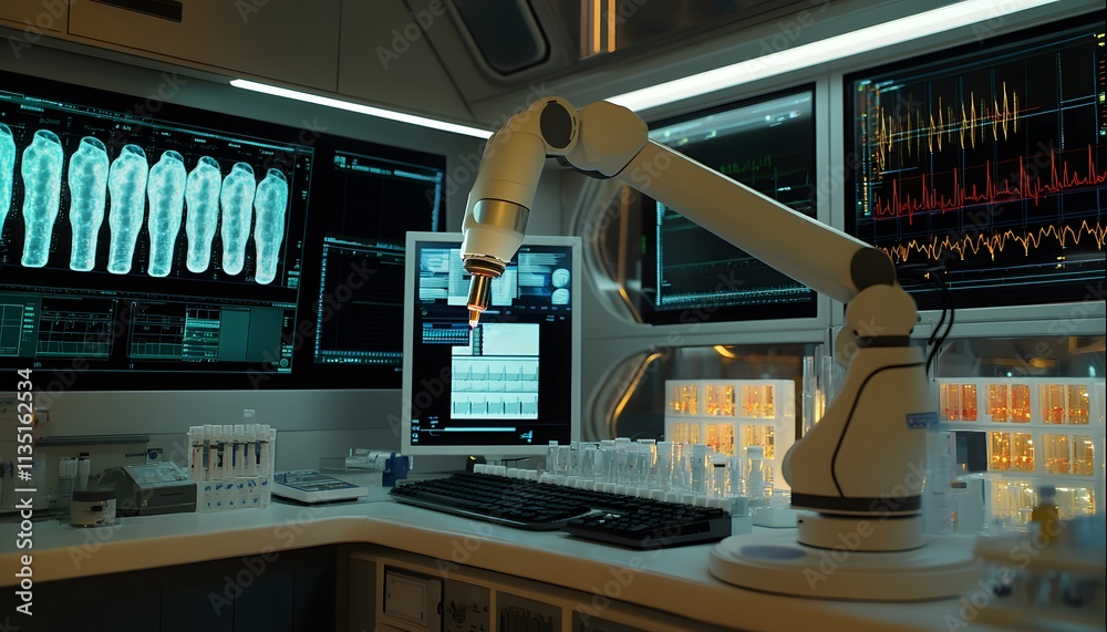 A futuristic laboratory scene showcasing advanced technology with robotic arms, monitors displaying medical data, and test tubes, emphasizing innovation and scientific progress. A futuristic laboratory scene showcasing advanced technology with robotic arms, monitors displaying medical data, and test tubes, emphasizing innovation and scientific progress.