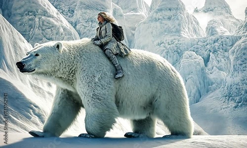 Woman riding a massive polar bear across a snowy arctic landscape.