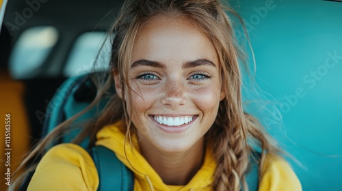 A happy woman with braided hair and a backpack beams brightly, soaking up the sun while traveling in a picturesque setting, radiating joy and adventure spirit. photo