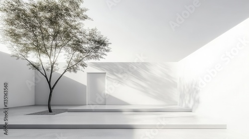 Minimalist indoor space with tree and natural light