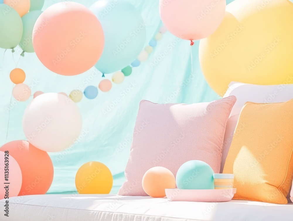 Fototapeta premium A colorful setup with balloons and cushions, perfect for a celebration.