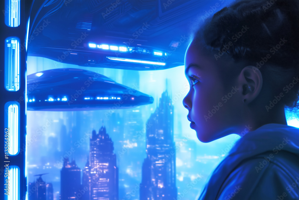 Young girl gazes at futuristic city with hovering spacecraft Young girl gazes at futuristic city with hovering spacecraft