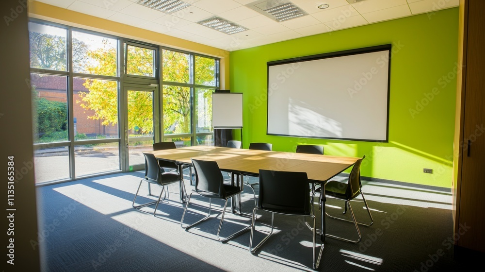 Modern Conference Room with Bright Green Walls and Natural Light Modern Conference Room with Bright Green Walls and Natural Light