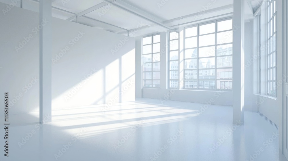 Fototapeta premium Stunning Empty Modern White Room with City View - Minimalist Interior Design
