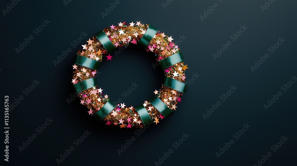 New years decor and party glamorous, A festive decorative wreath adorned with colorful stars and ribbons, perfect for holiday celebrations and seasonal decor.