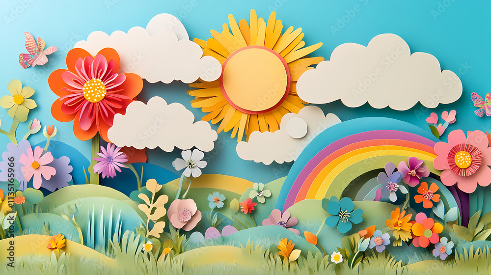 Vibrant and textured papercraft landscape scene with fluffy clouds bright sun rainbow and seasonal floral elements in a layered digital. Parhelion. Illustration Vibrant and textured papercraft landscape scene with fluffy clouds bright sun rainbow and seasonal floral elements in a layered digital. Parhelion. Illustration
