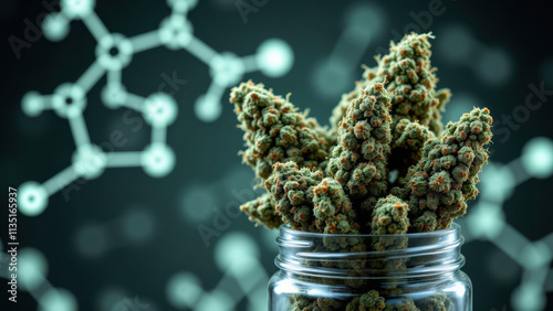 A jar filled with THC-rich cannabis buds placed against a backdrop featuring molecular structures indicative of marijuana's active compounds.