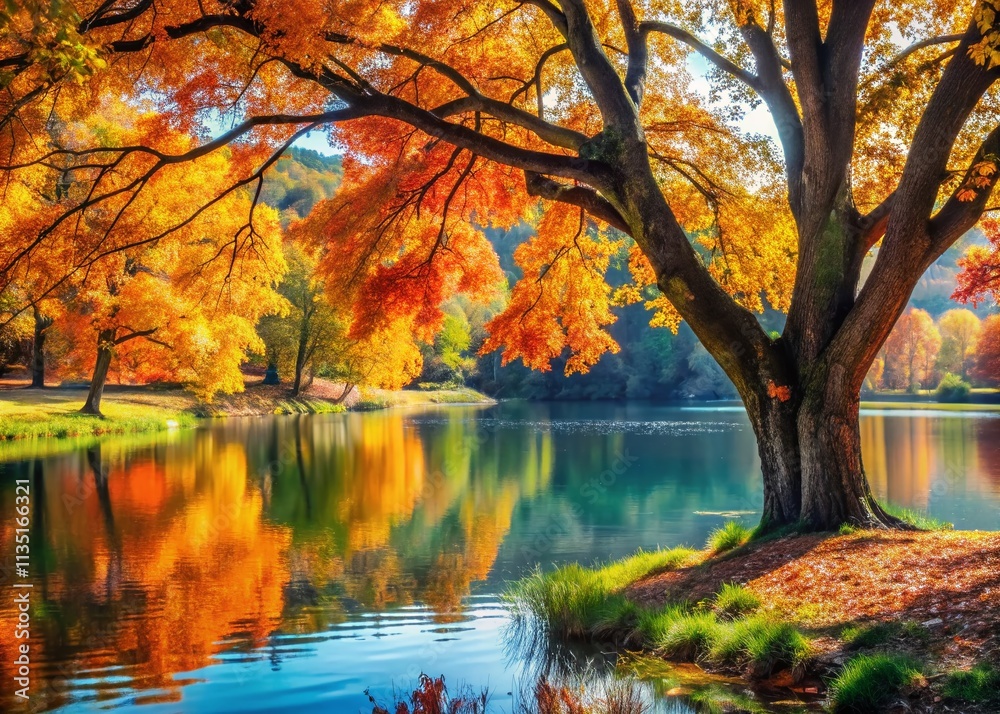 Fototapeta premium Stunning Autumn Tree Reflected in Calm Pond, Vibrant Fall Colors Showcasing Nature's Beauty, Perfect for Seasonal Decor and Outdoor Photography