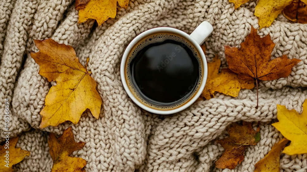 A cup of coffee wrapped in a knitted blanket, surrounded by autumn leaves, creating a cozy and inviting fall atmosphere A cup of coffee wrapped in a knitted blanket, surrounded by autumn leaves, creating a cozy and inviting fall atmosphere