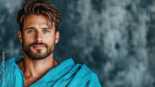 This portrait captures a confident man dressed in traditional blue, exuding charisma against a blurred background, highlighting personal style and modern fashion. photo