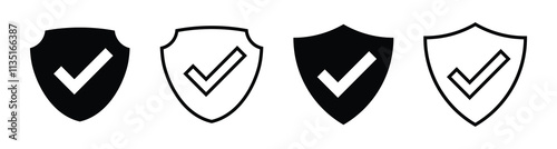 Shield check mark icon set. Protection and approve sign. Yes or right sign. Safe vector art.