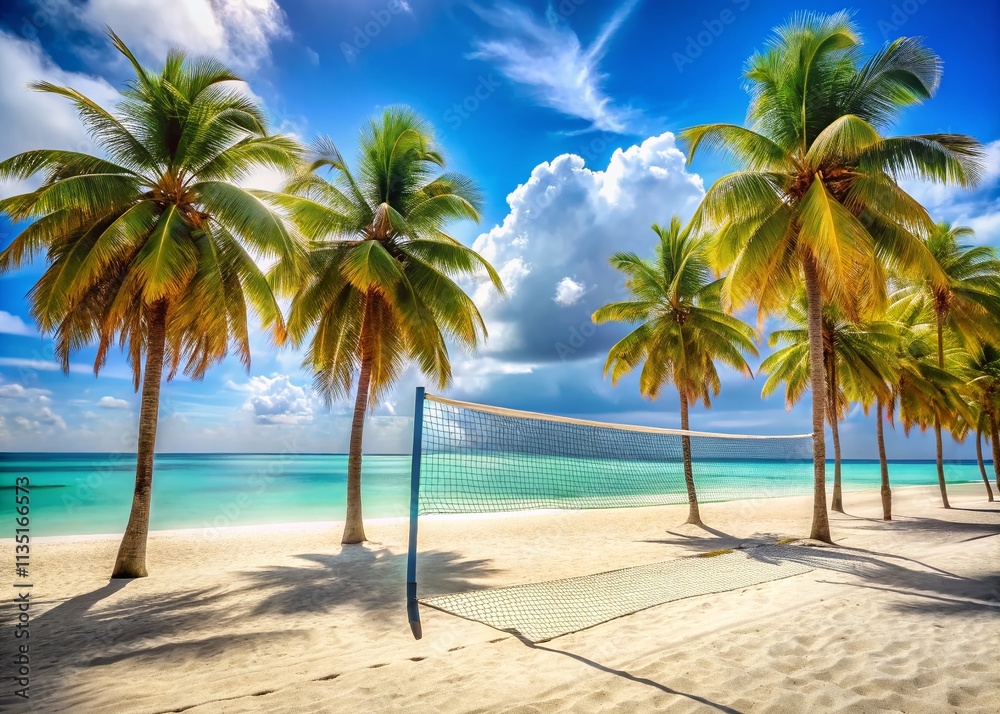 Fototapeta premium Stunning Beach Volleyball Field Surrounded by Lush Palm Trees on an Idyllic Tropical Beach with Crystal Clear Waters and Soft White Sand, Perfect for Summer Sports and Leisure Activities