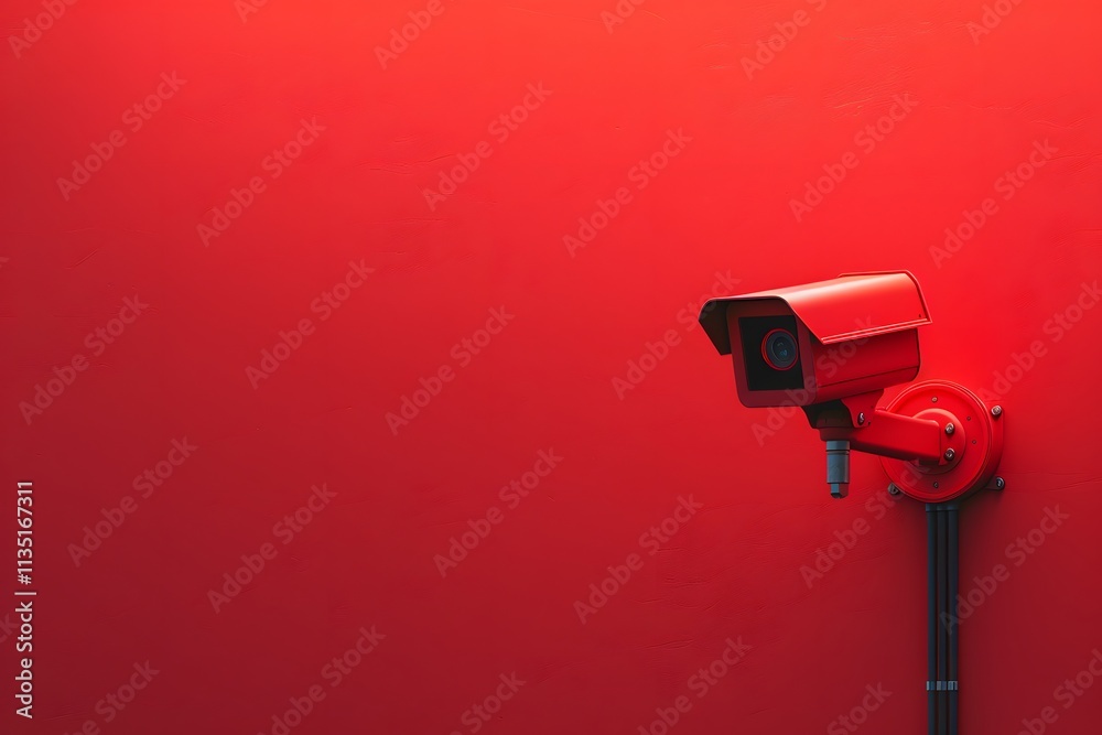 Bold Red Surveillance Camera Against a Vibrant Wall