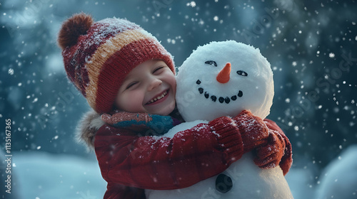 A joyful child in warm winter clothing hugging a cheerful snowman, with soft snowfall in the background, capturing the spirit of the festive winter season