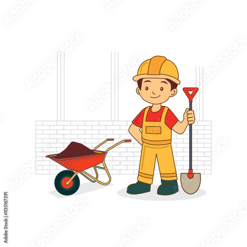 Cartoon Illustration of Construction Worker with shovel and building trolley