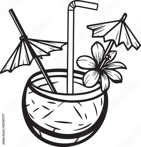 Summer tropic coconut cocktail. Exotic fruit hawaiian drink hand drawn art. Cool doodle vector illustration isolated white background. Trendy line art for coloring book, t-shirt print, logo design