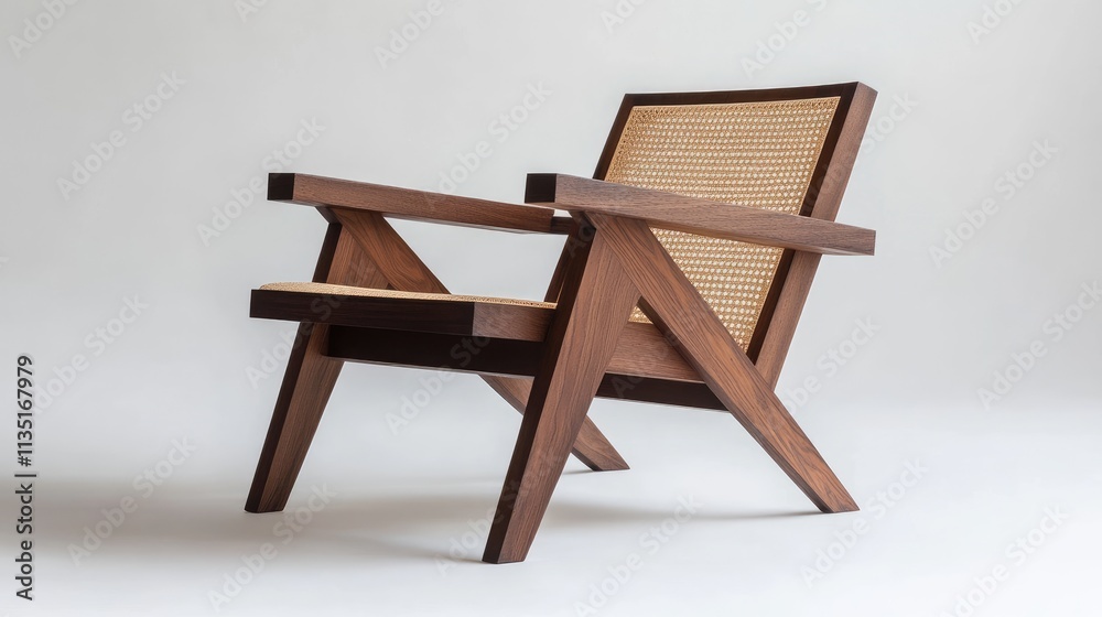 Wooden armchair with a woven seat and minimalist design, presented on a white background. Wooden armchair with a woven seat and minimalist design, presented on a white background.
