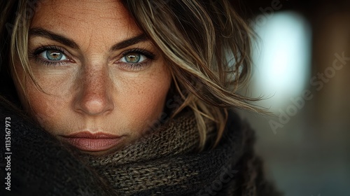 A focused close-up of a woman wrapped in a textured scarf. Her intense gaze captures a sense of mystery and depth, set against a softly blurred background.