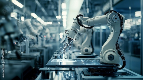 Automated Manufacturing Process in a Modern Factory.  High-tech robotics in action.  Future of work and industry.