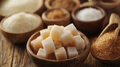 Different Types of Sugar in Wooden Bowls