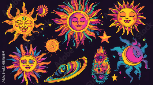 Retro hippie stickers: groovy psychedelic sun rainbow design bundle. Parhelion. Illustration photo