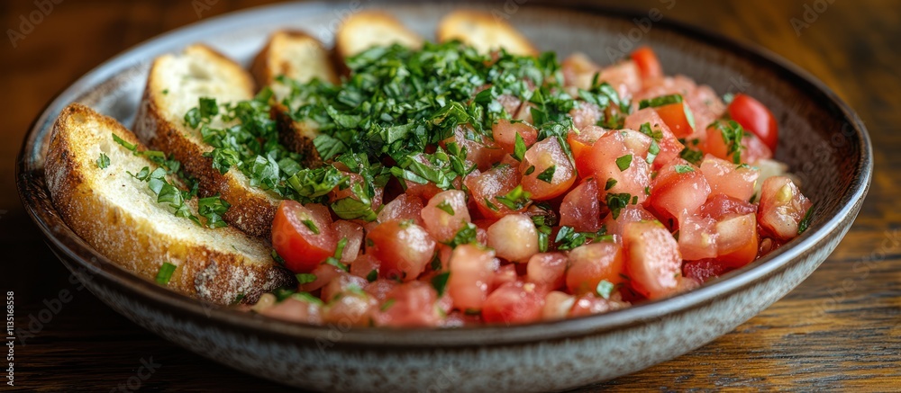 Bruschetta with diced tomatoes, herbs, and toasted bread. Bruschetta with diced tomatoes, herbs, and toasted bread.