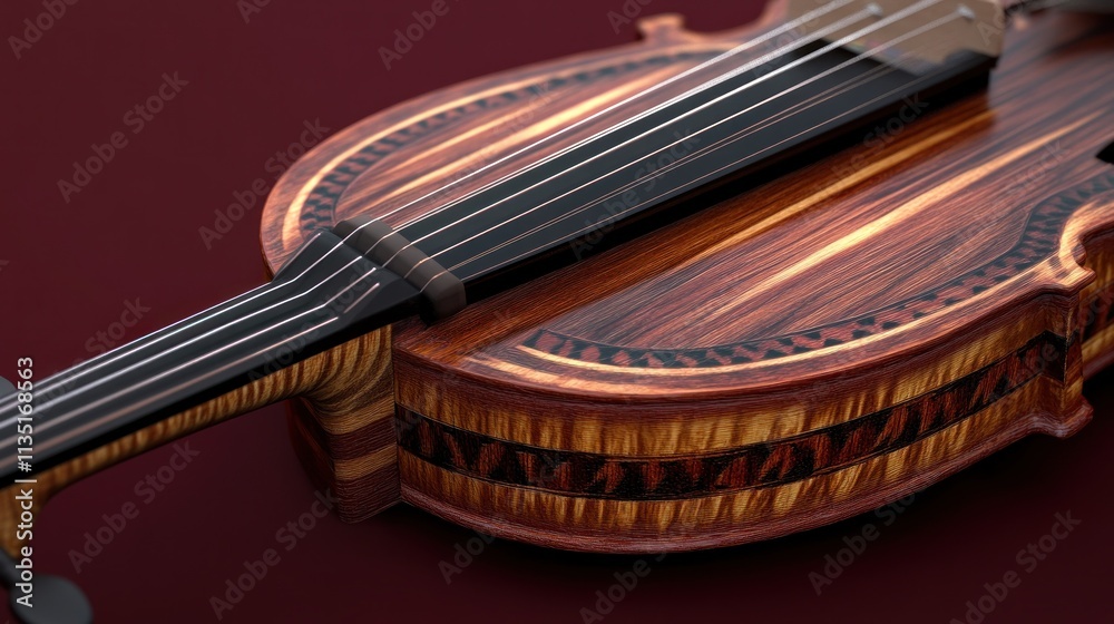 Close-up of a decorative violin with intricate wood grain patterns and dark accents on a maroon background. Close-up of a decorative violin with intricate wood grain patterns and dark accents on a maroon background.