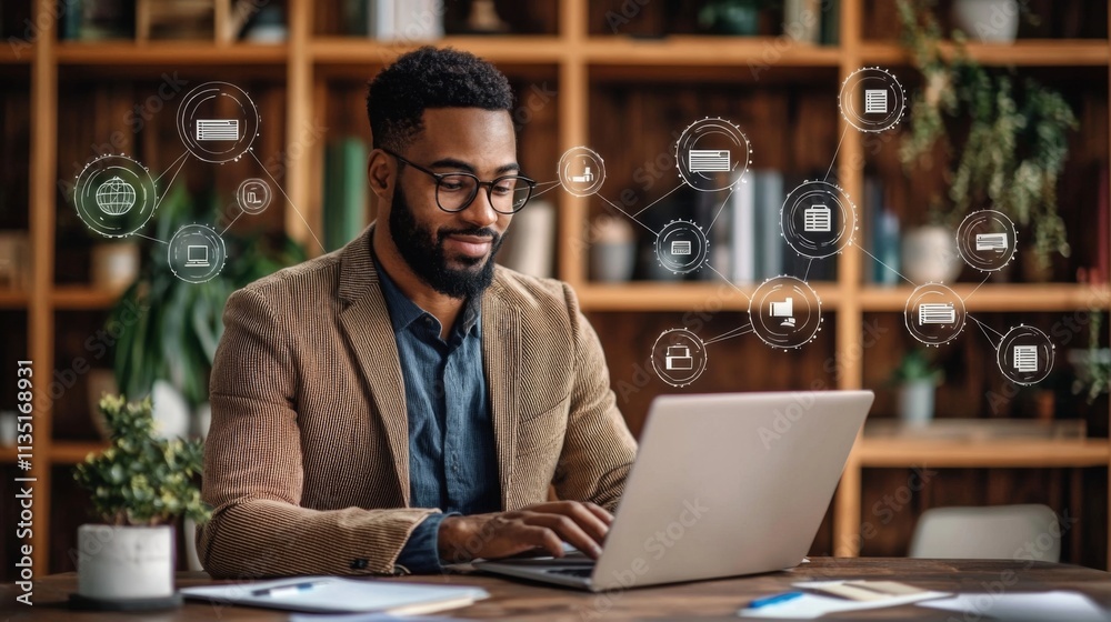 Focused Businessman Working on Laptop in Modern Office with Digital Interface Focused Businessman Working on Laptop in Modern Office with Digital Interface