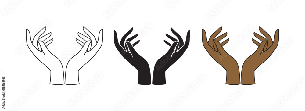Fototapeta premium Diverse Hands in Prayer Pose, a Collection of Vector Illustrations