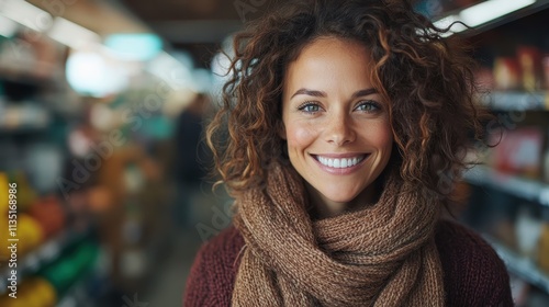 A smiling woman with luscious curls stands in a bustling marketplace, wrapped warmly in a stylish scarf, embodying joy and the warmth of human connection.