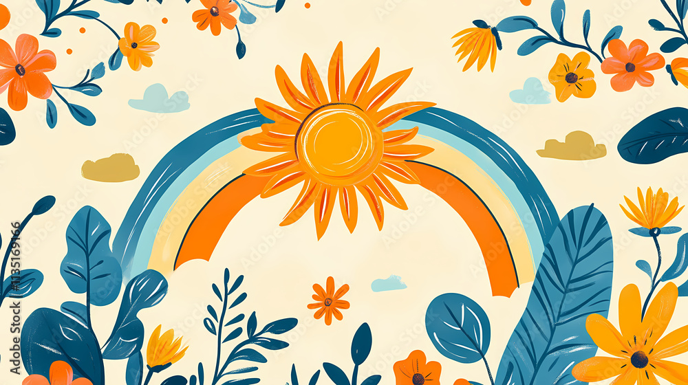 Obraz premium Summer doodle sketch wallpaper with sun, rainbow, and flowers hand drawn concept pattern. Parhelion. Illustration