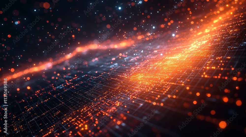 Abstract Digital Network Glowing Grid with Orange and Blue Particles, Futuristic Technology Background Abstract Digital Network Glowing Grid with Orange and Blue Particles, Futuristic Technology Background